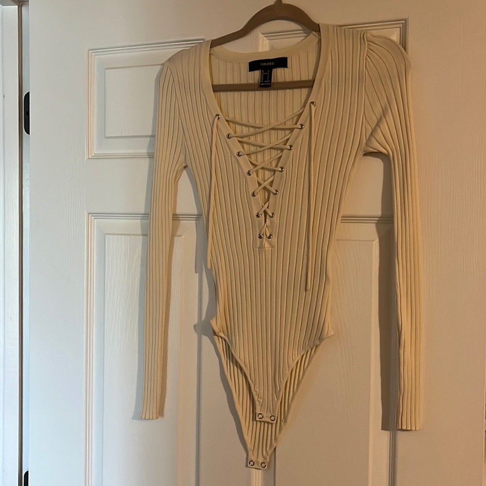 Cream, sexy v neck long sleeve body suit